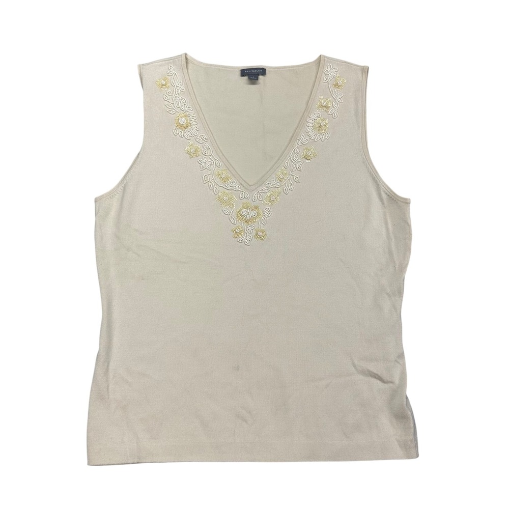 Ann Taylor Womens Beige Beaded Floral V-Neck Sleeveless Knit Tank Top Large
